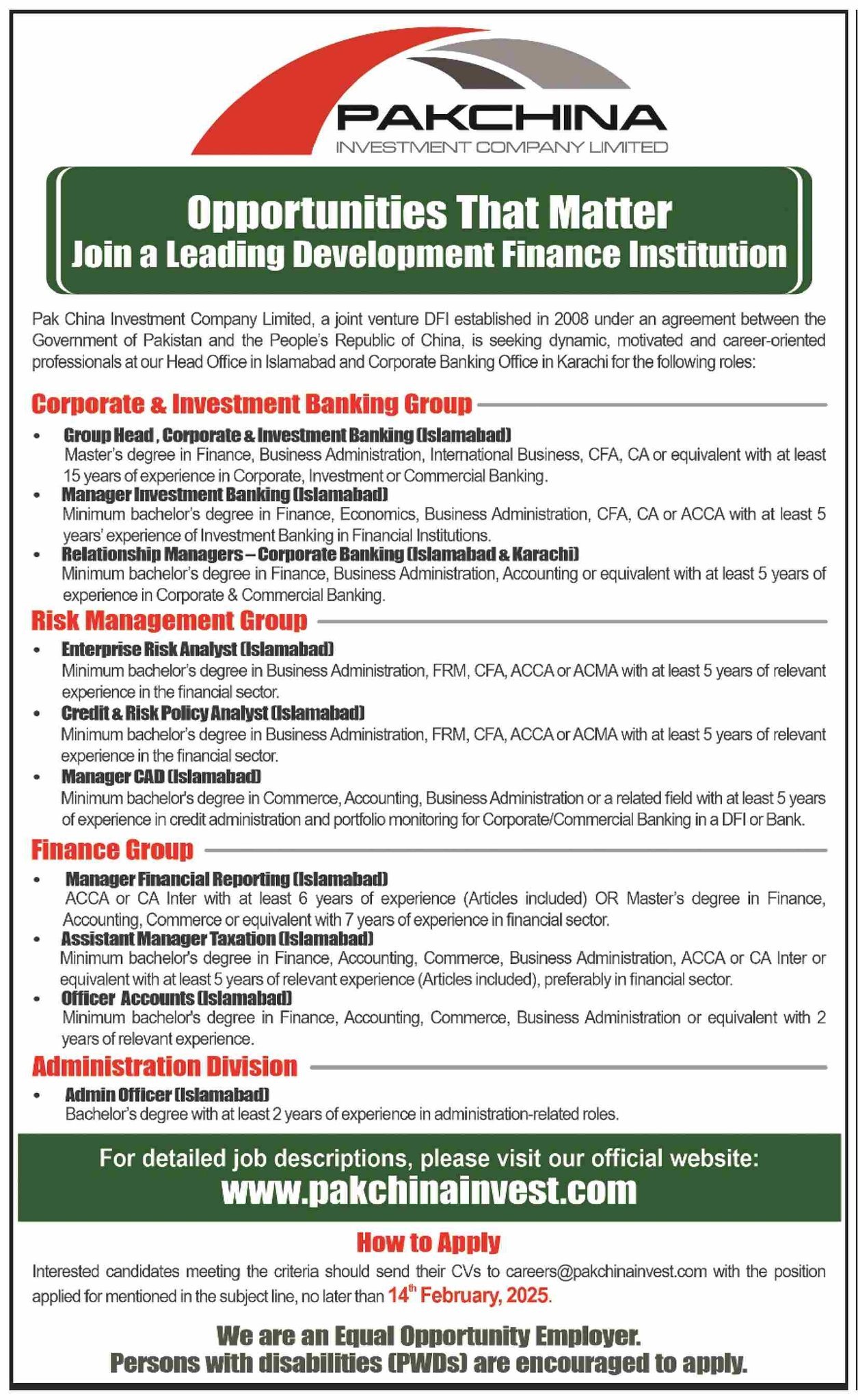 Pak China Investement Company Limited Jobs 2025 – Private Company Jobs 2025 — original advertisement