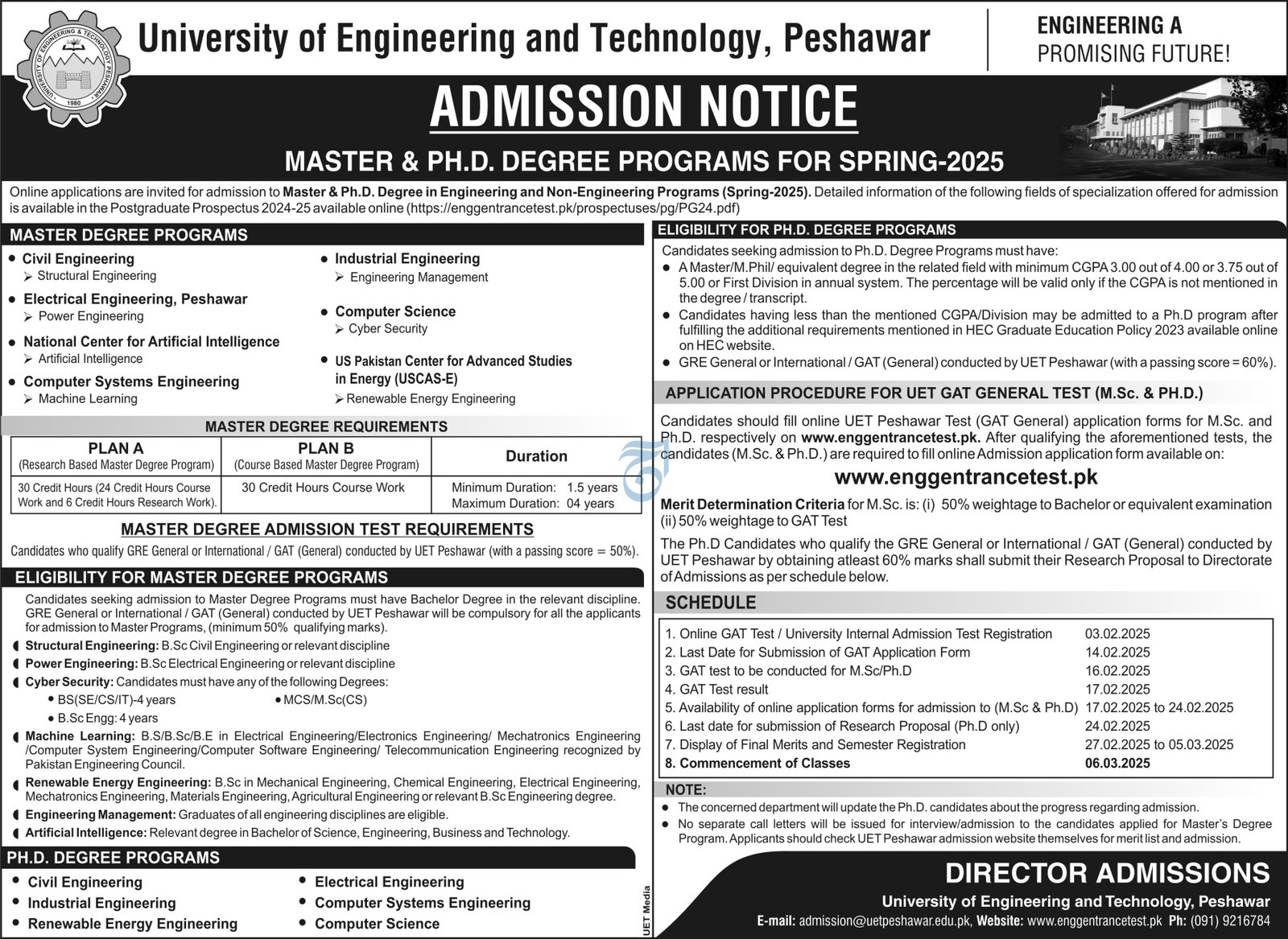 Admission Open in University of Engineering And Technology – University of Engineering and Technology Peshawar Admissions 2025 — original advertisement