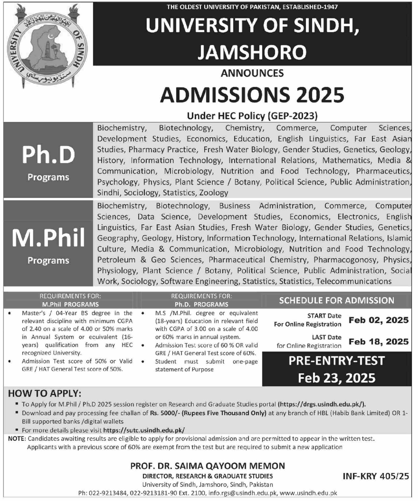 Admission Open in University of Sindh Jamsharo 2025 – University of Sindh Jamshoro Admissions 2025 — original advertisement