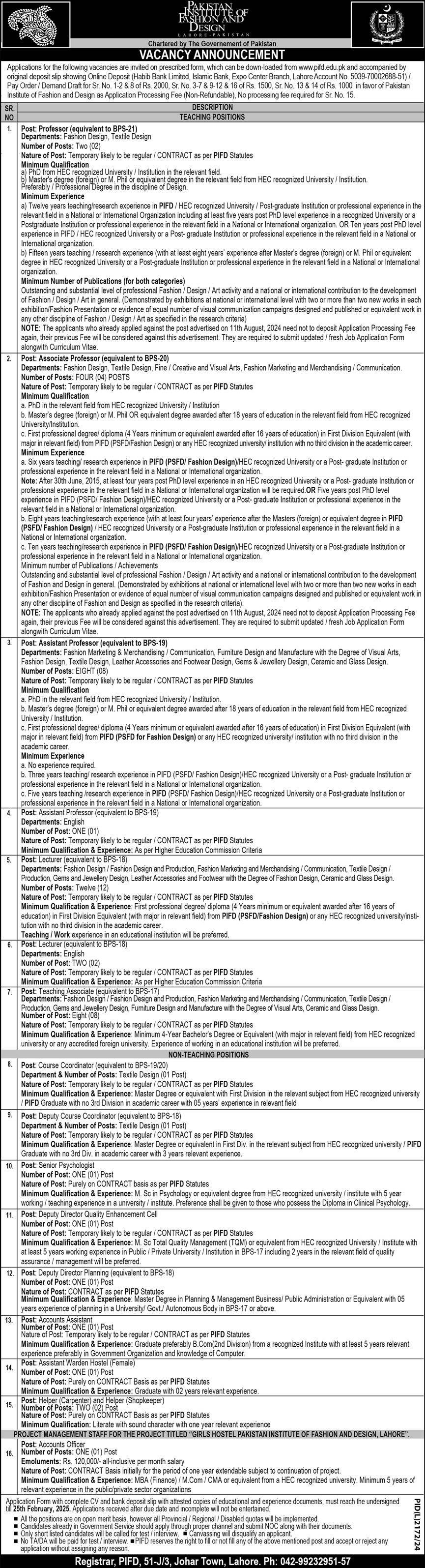 Pakistan Institute Of Fashion And Design PIFD Lahore Jobs Jobs 2025 — original advertisement