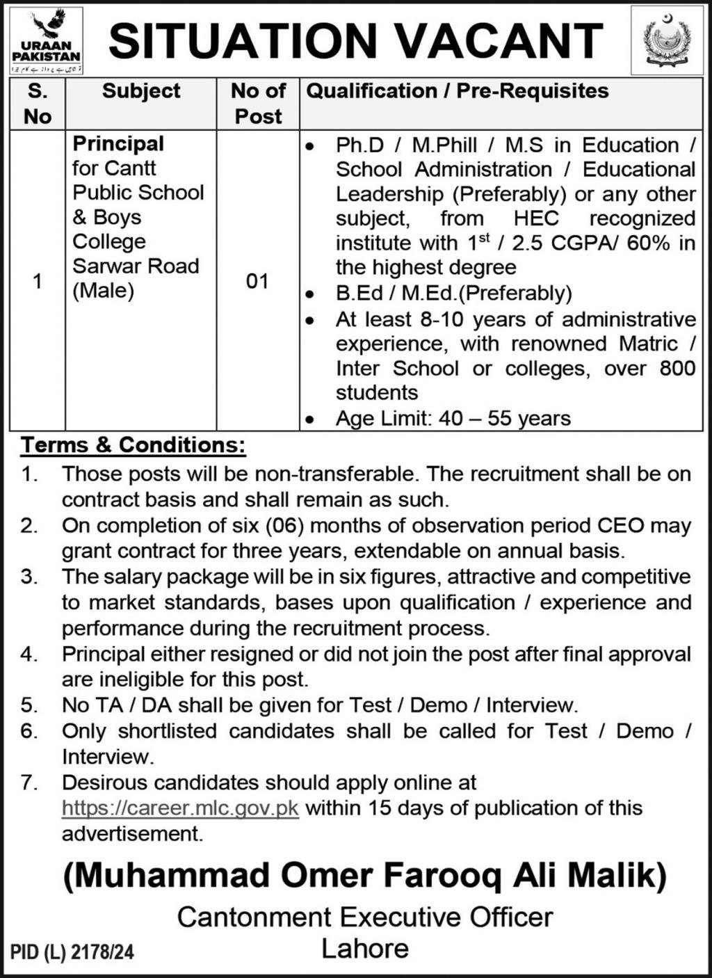 Cantt Public School & College Lahore Jobs 2025 – Cant Public High School & Girls College Jobs 2025 — original advertisement