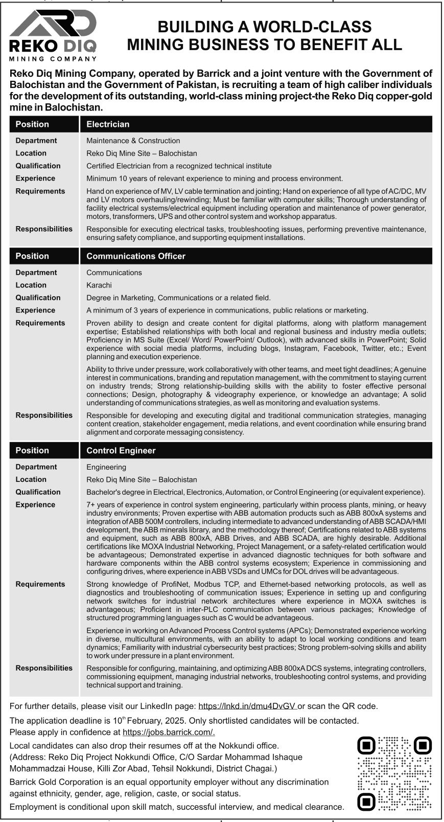 Reko Diq Mining Company RDMC Jobs 2025 – Barrick Pakistan Jobs 2025 — original advertisement