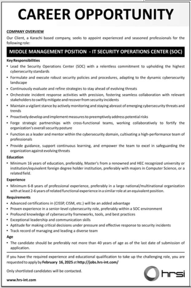 Human Resource Solution International Multan Job 2025 – HRSG People and Business karachi Jobs 2025 — original advertisement