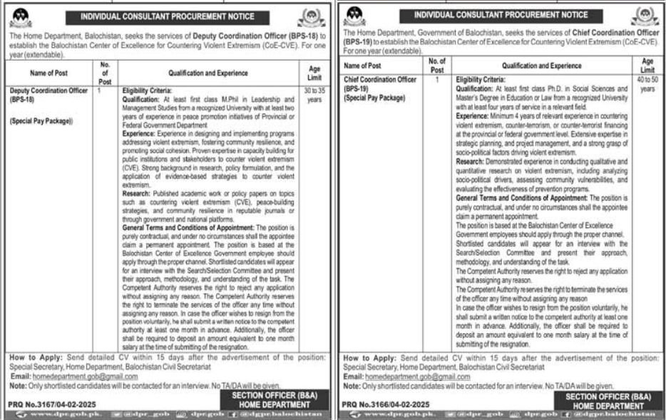 Home Department Balochistan Jobs 2025 – Home & Tribal Affairs Department Balochistan Jobs 2025 — original advertisement