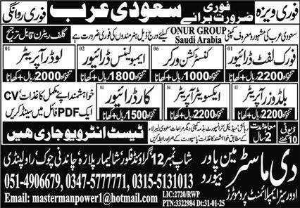Fork Lift Driver & Construction Worker Jobs 2025 – The Master Manpower Overseas Employment Promoters Jobs 2025 — original advertisement