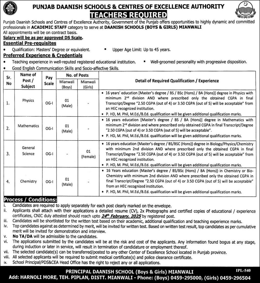 Daanish School Boys & Girls PDS&CEA Mianwali Jobs 2025 – Punjab Daanish School Jobs 2025 — original advertisement