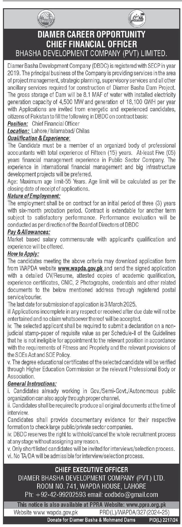 WAPDA Basha Development Company Jobs 2025 – Water and Power Development Authority Jobs 2025 — original advertisement
