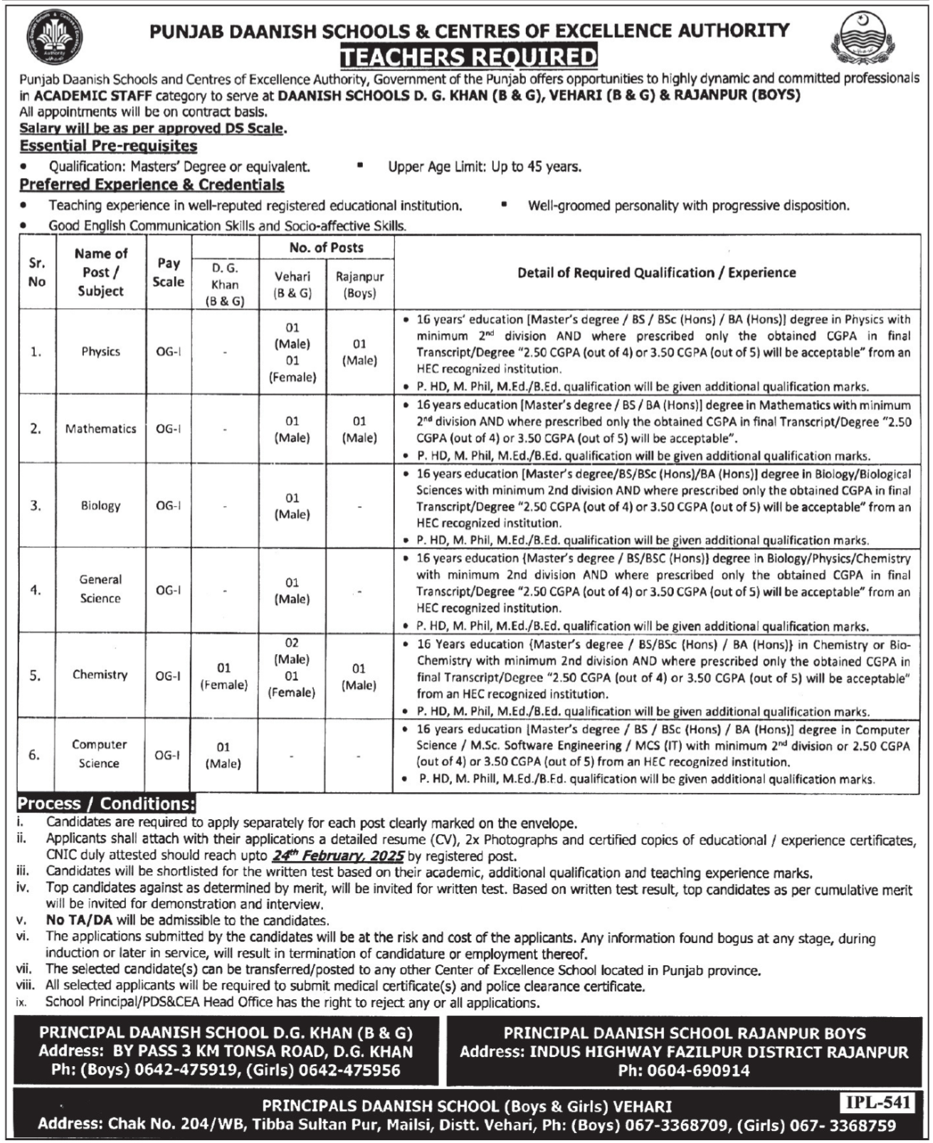 Punjab Daanish School Boys & Girls PDS & CEA Jobs 2025 Jobs 2025 — original advertisement