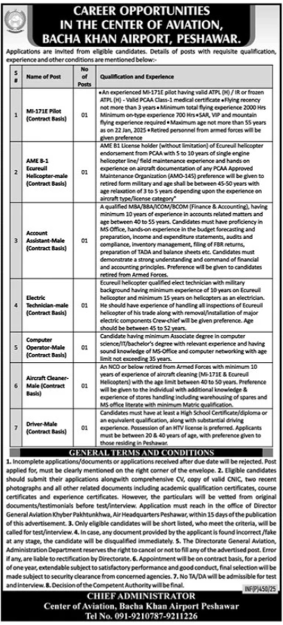Center Of Aviation Bacha Khan Airport Peshawar Jobs 2025 – Bacha Khan International Airport Jobs 2025 — original advertisement