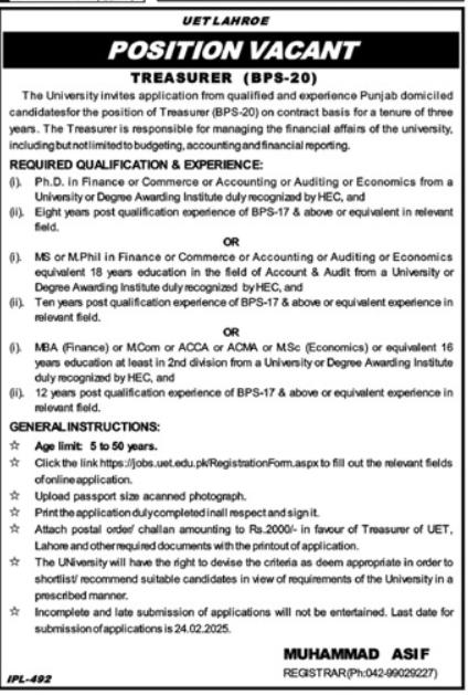 University Of Engineering & Technology UET Lahore Jobs 2025 – University of Engineering  & Technology Lahore Jobs 2025 — original advertisement