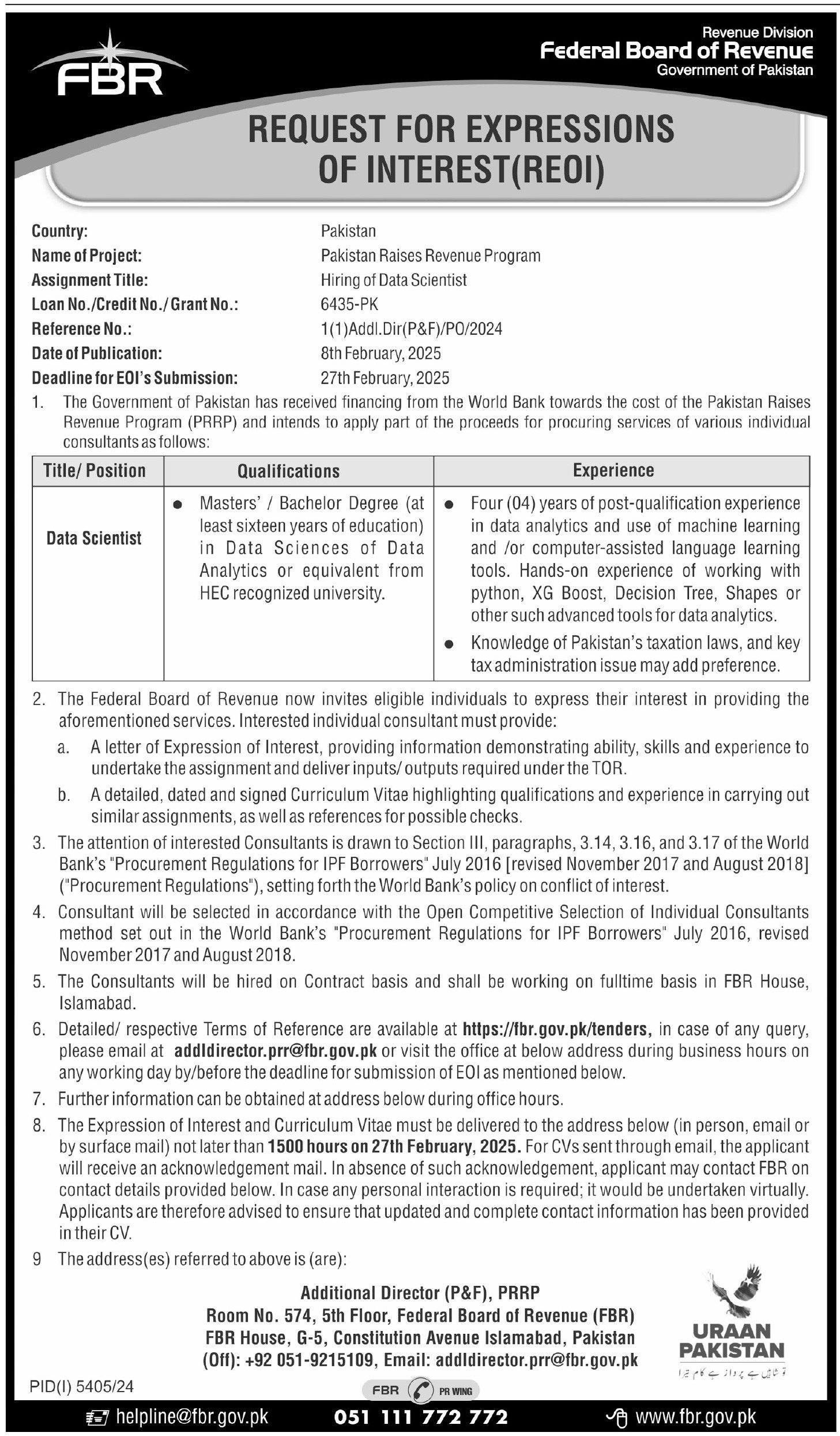 Federal Board Of Revenue FBR Islamabad Jobs 2025 Jobs 2025 — original advertisement