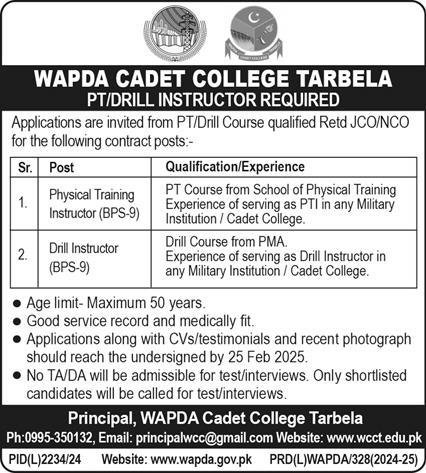 Wapda Cadet College Tarbela WCCT Jobs 2025 Jobs 2025 — original advertisement