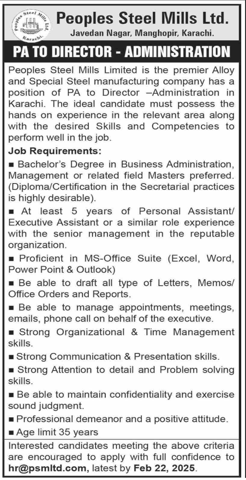 Peoples Steel Mills Limited PSML Karachi Jobs 2025 – Private Company Jobs 2025 — original advertisement