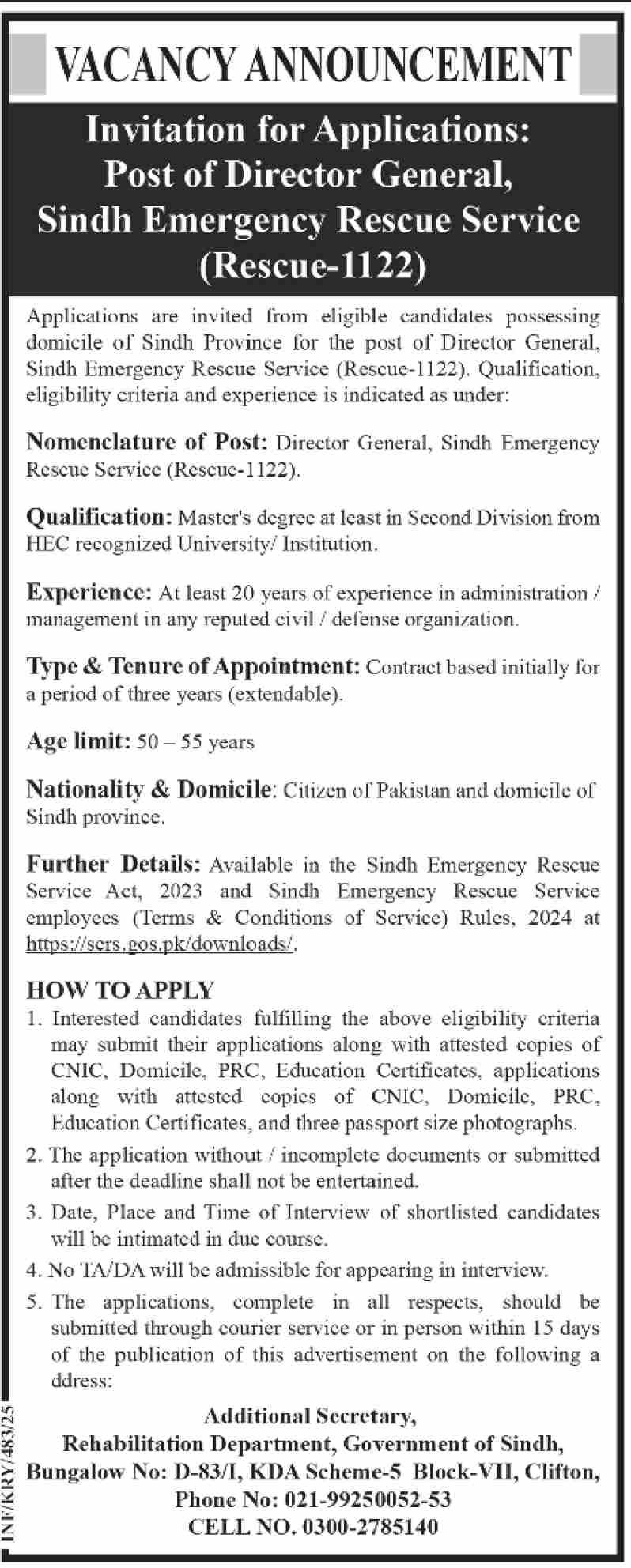 Sindh Emergency Rescue Service 1122 Jobs 2025 Jobs 2025 — original advertisement
