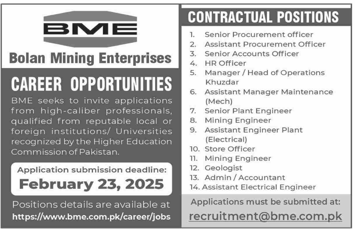Bolan Mining Enterprises Karachi Jobs 2025 Jobs 2025 — original advertisement