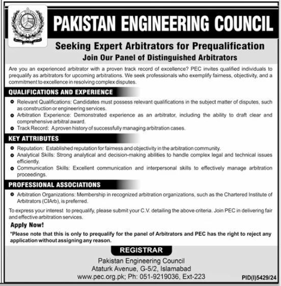 Pakistan Engineering Council Islamabad Job 2025 – Pakistan Engineering Council (PEC) Jobs 2025 — original advertisement
