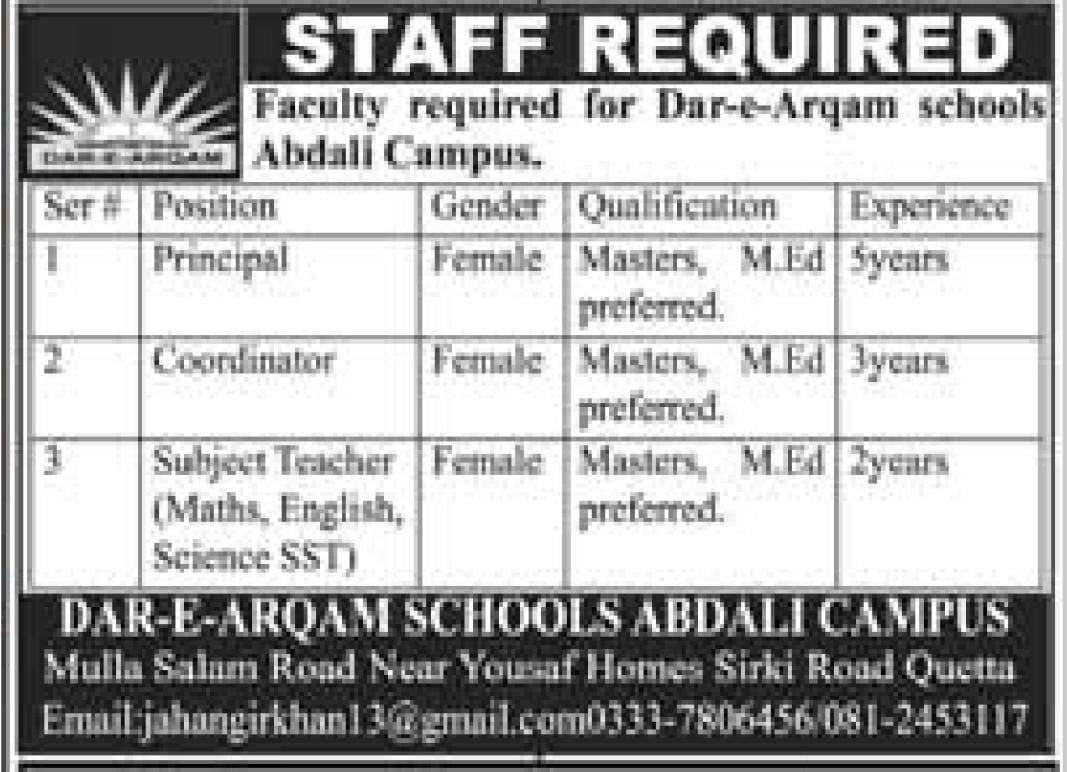 Dar E Arqam School Quetta Jobs 2025 Jobs 2025 — original advertisement