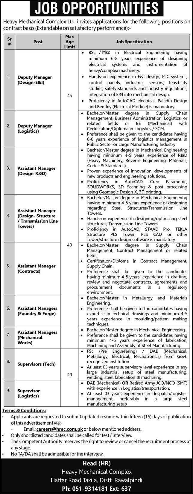 Heavy Mechanical Complex Ltd Rawalpindi Jobs 2025 – Heavy Mechanical Complex HMC Jobs 2025 — original advertisement