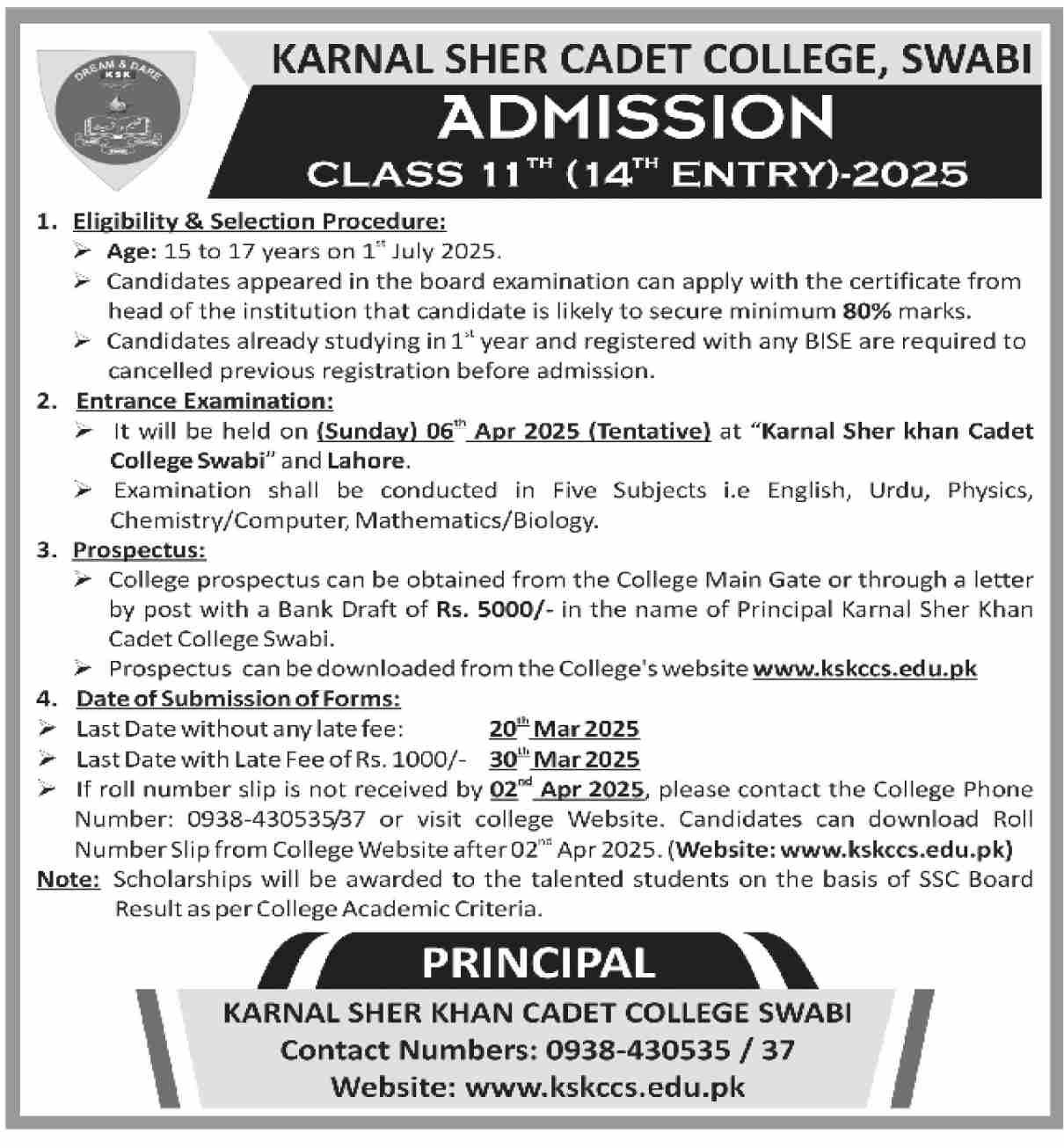 Admission Open in Karnal Sher Khan Cadet College Swabi 2025 Admissions 2025 — original advertisement