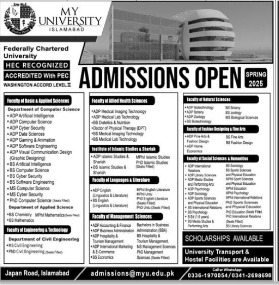 Admission Open in My University Islamabad 2025 Admissions 2025 — original advertisement