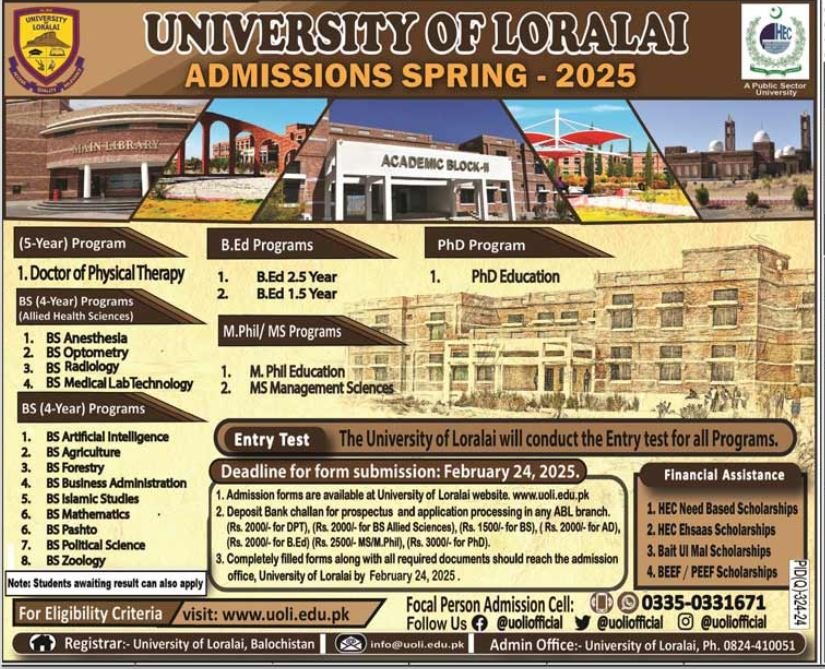 Admission Open in University of Loralai 2025 Admissions 2025 — original advertisement