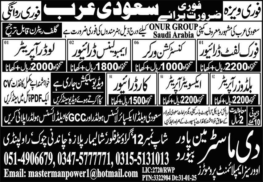 Car Driver And Loader Operator Jobs in Saudia Arabia 2025 – The Master Manpower Overseas Employment Promoters Jobs 2025 — original advertisement