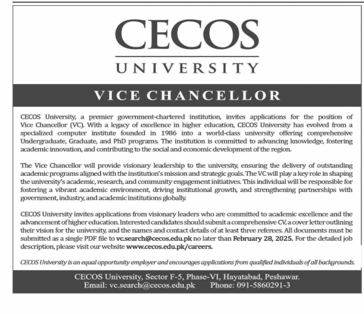 CECOS University Peshawar Job 2025 Jobs 2025 — original advertisement