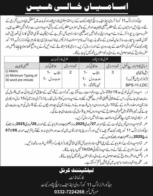 Headquarters Log 11 Core Peshawar Cantt Job 2025 – Pakistan Army Jobs 2025 — original advertisement