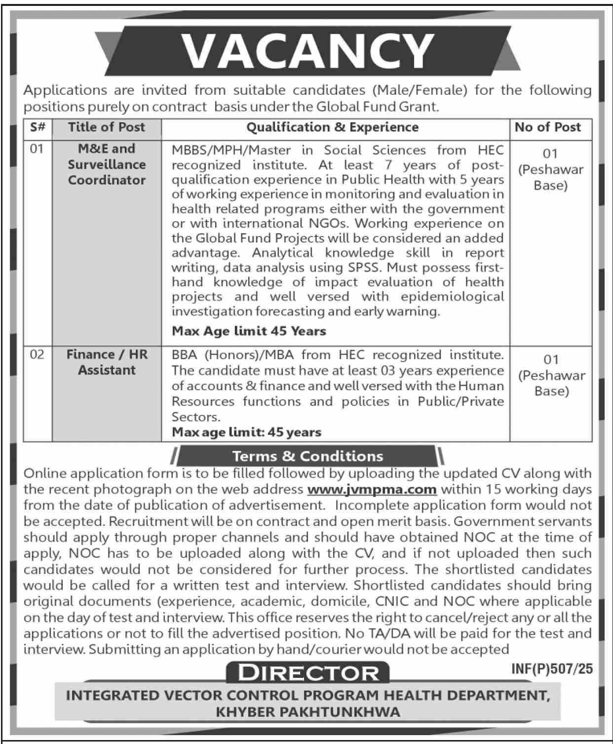 Integrated Vector Control Program Health Department Jobs – Health Department KPK Jobs 2025 — original advertisement