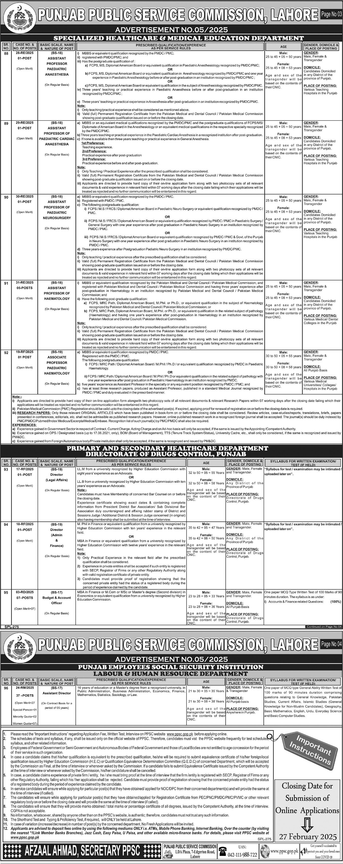 Punjab Public Service Commission PPSC Jobs 05/2025 – Punjab Public Service Commission Lahore Jobs 2025 — original advertisement