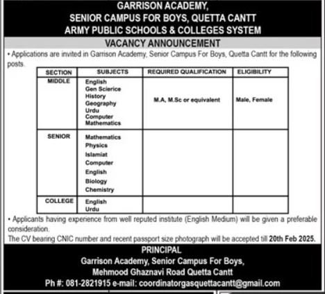 Army Public School Garrison Academy Quetta Cantt Jobs 2025 – Army Public School & College Paksitan Jobs 2025 — original advertisement