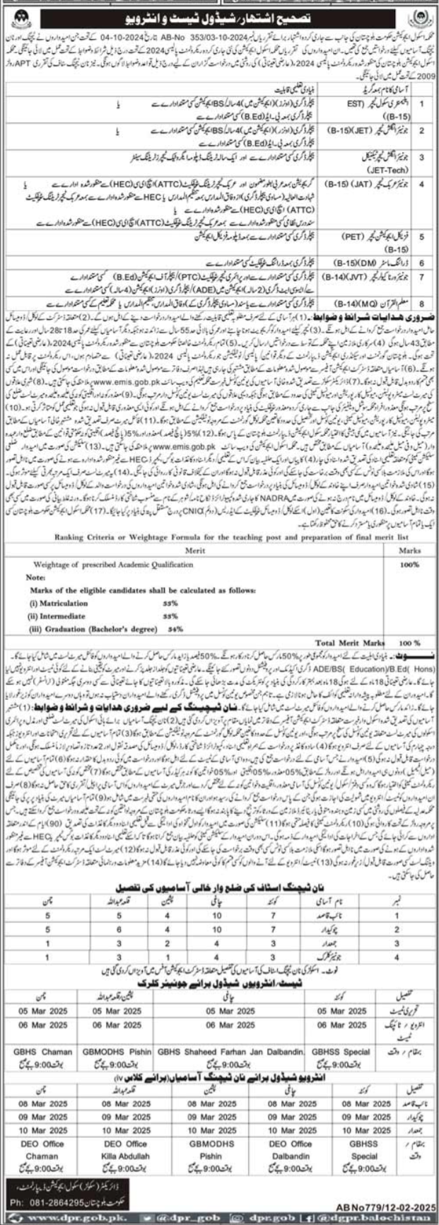 School Education Department Balochistan Jobs 2025 – Education Department Balochsitan Jobs 2025 — original advertisement