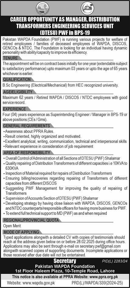 Pakistan Wapda Foundation PWF Lahore Jobs 2025 – Water and Power Development Authority Jobs 2025 — original advertisement