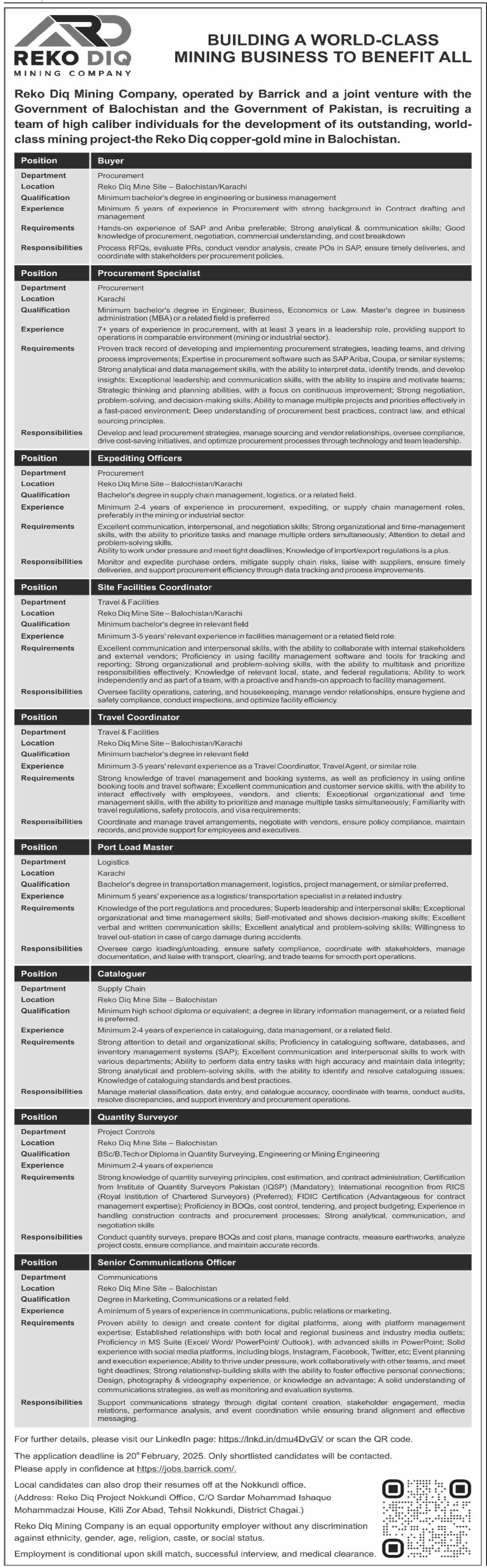 Reko Diq Mining Company RDMC Jobs 2025 – Barrick Pakistan Jobs 2025 — original advertisement