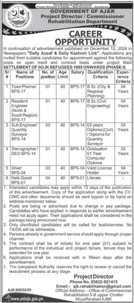 Commissioner Rehabilitation Department AJK Jobs 2025 – Muzaffarabad Physical Rehabilitation Centre MPRC Jobs 2025 — original advertisement