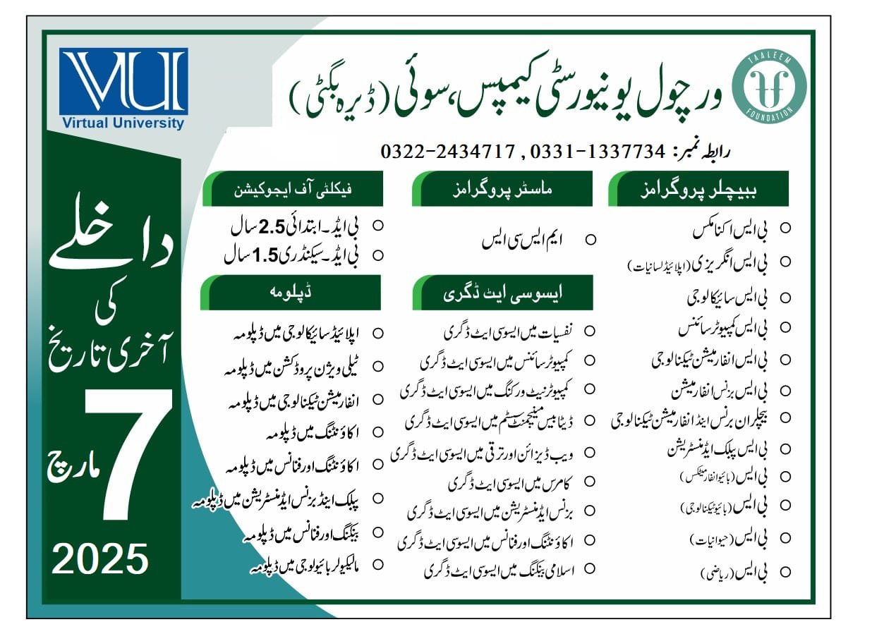 Admission Open in virtual University Campus Sui Dera Bughti – Virtual University of Pakistan Admissions 2025 — original advertisement