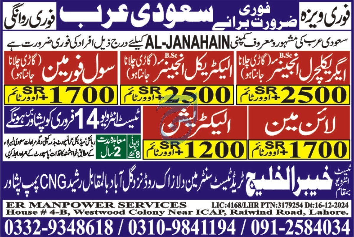 Electrical Engineer & Lineman Jobs 2025 In Saudi Arabia – ER Manpower Services Jobs 2025 — original advertisement