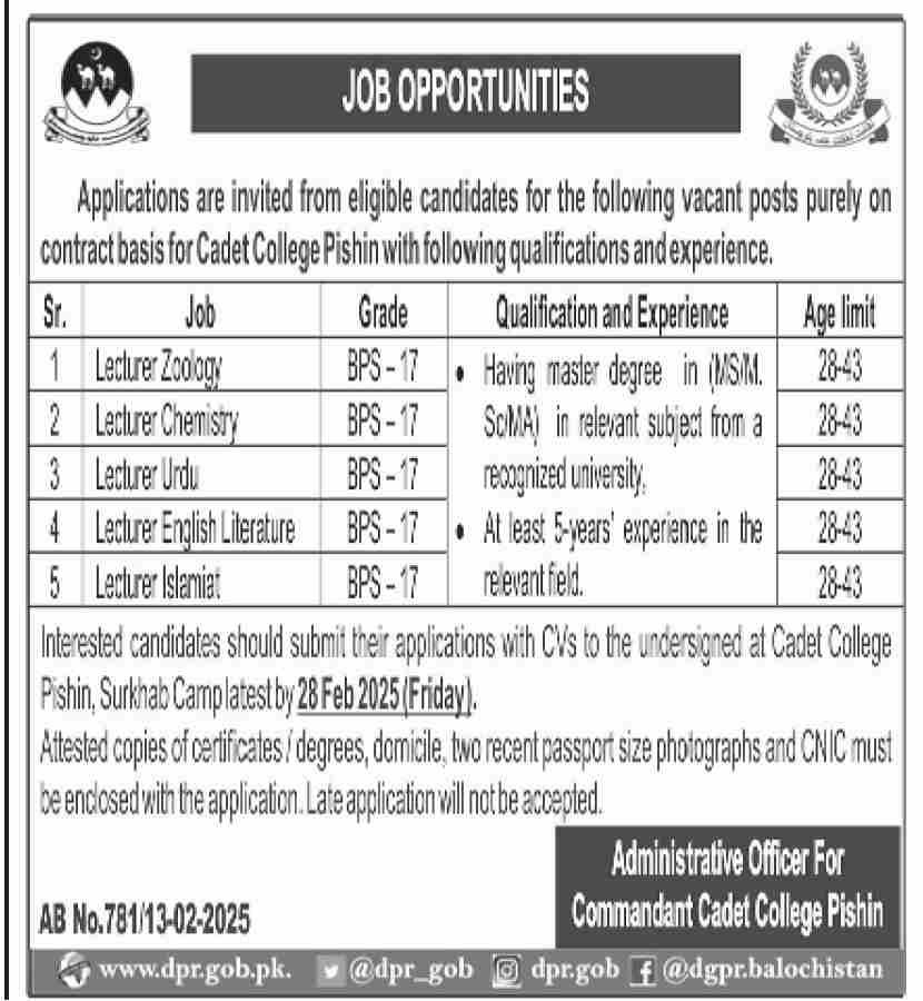 Cadet College Pishin Jobs 2025 Jobs 2025 — original advertisement