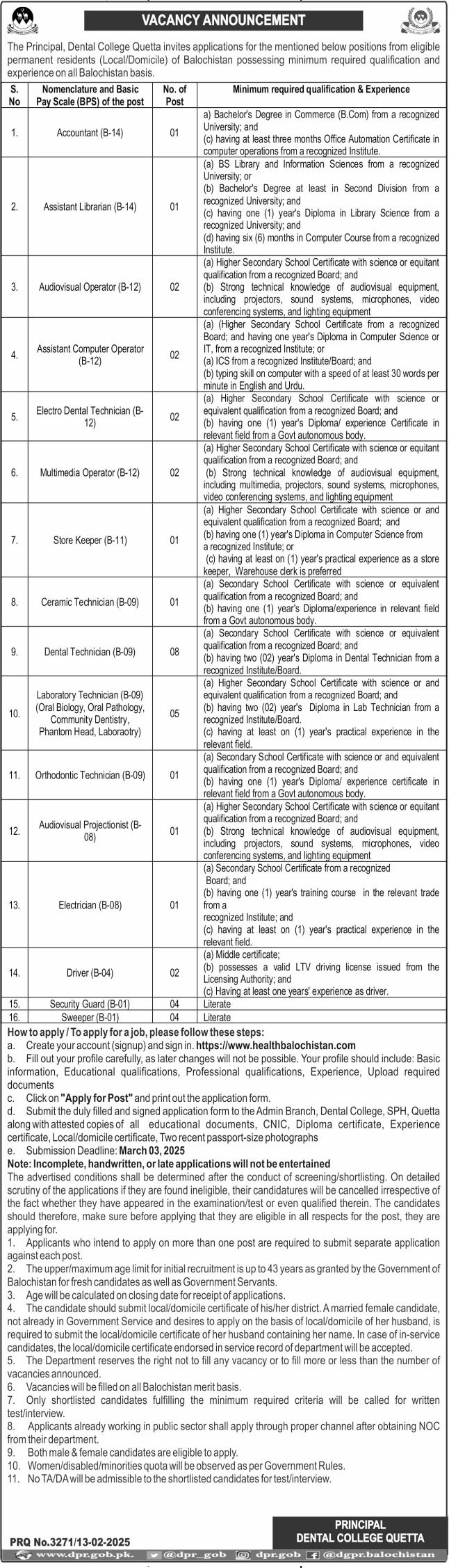 Dental College Quetta Balochistan Jobs 2025 Jobs 2025 — original advertisement
