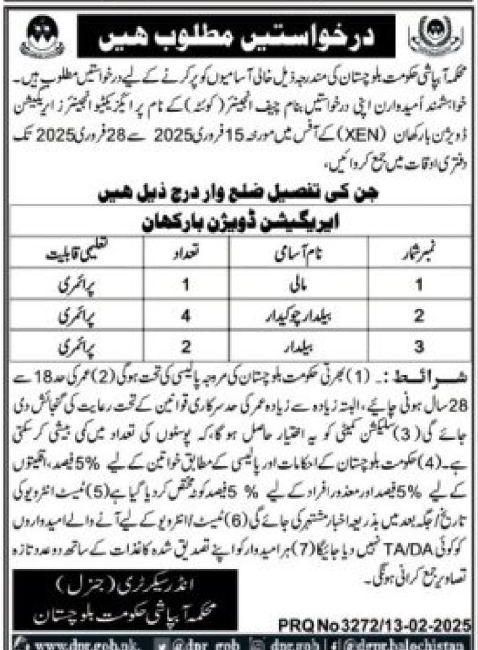 Irrigation Department Balochistan Jobs 2025 – Irrigation Department Balochsitan Jobs 2025 — original advertisement