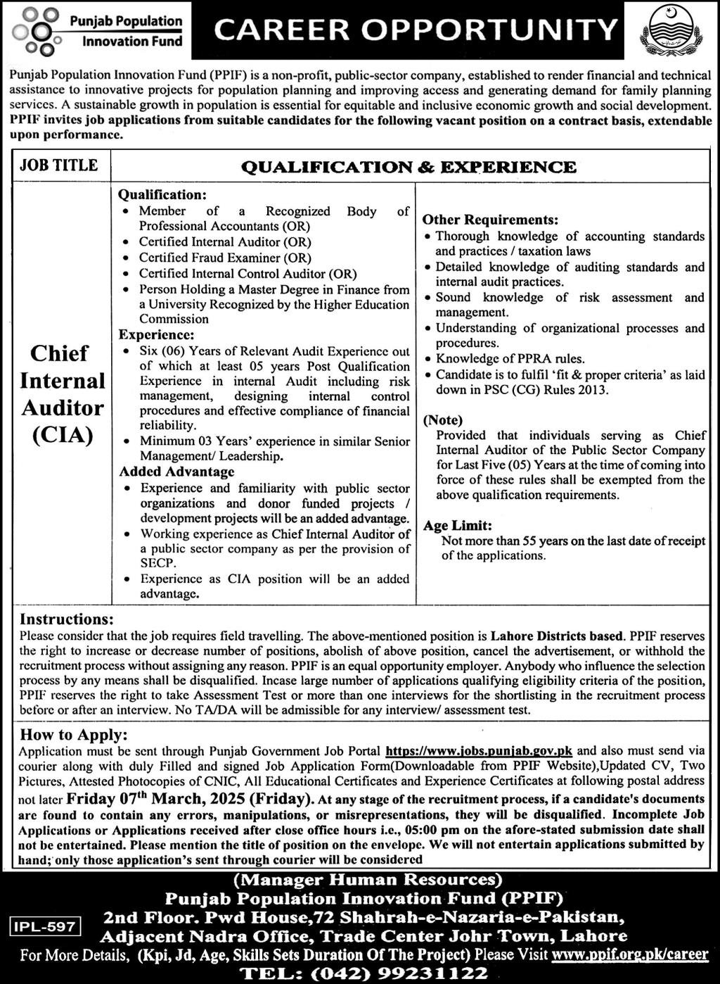 Punjab Population Innovation Fund PPIF Jobs 2025 – Public Sector Organization Jobs 2025 — original advertisement