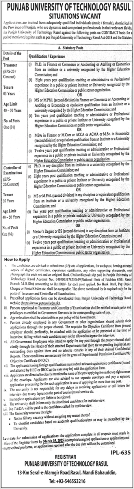 Punjab University Of Technology Rasul Jobs 2025 – Punjab University of Technology Rasul District Mandi Bahaudin Jobs 2025 — original advertisement