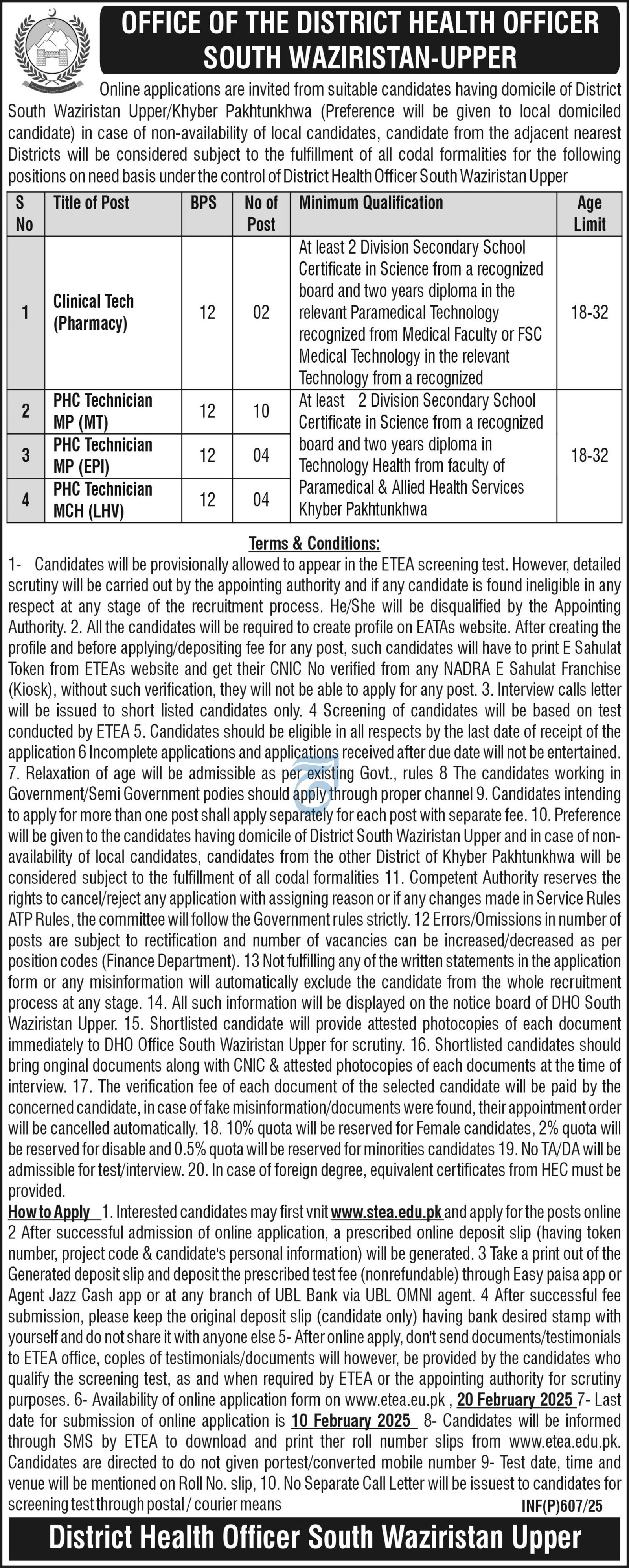 District Health Officer South Wazirstan Upper Jobs 2025 – Health Department KPK Jobs 2025 — original advertisement