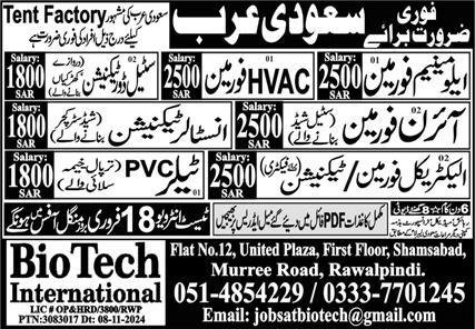 Iron Foreman & Aluminum Foreman Jobs 2025 – Bio Tech International Overseas Promoter Jobs 2025 — original advertisement