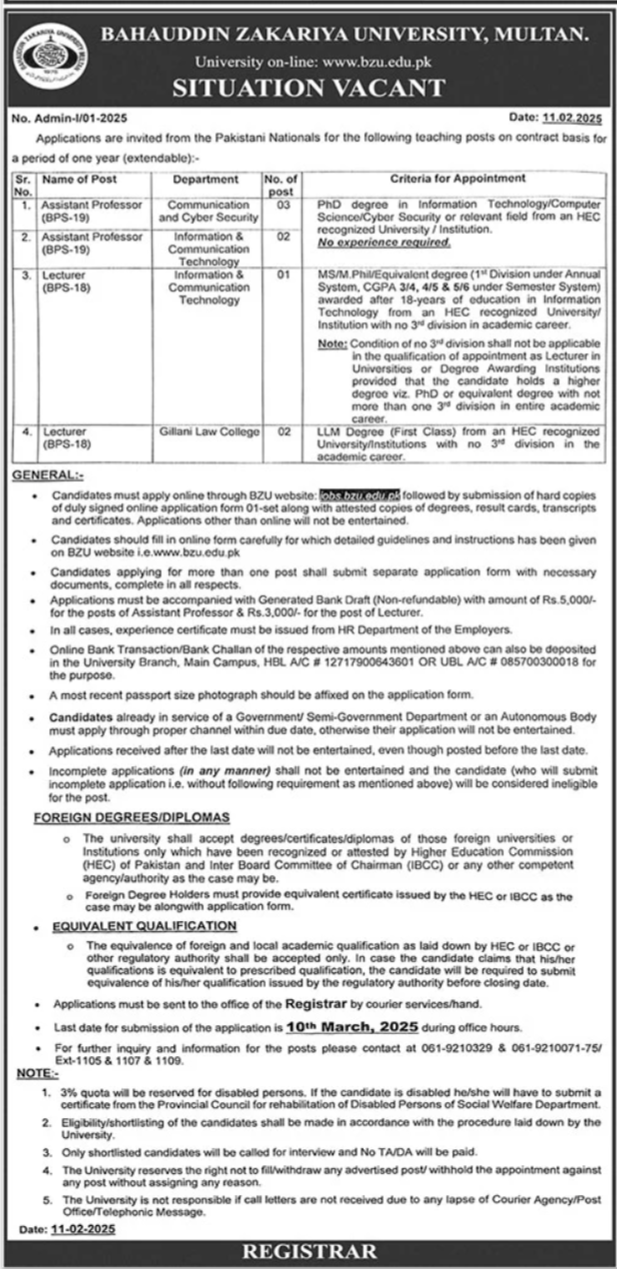 Bahauddin Zakariya University BZU Multan Jobs 2025 – Bahauddin Zakariya University Multan Jobs 2025 — original advertisement