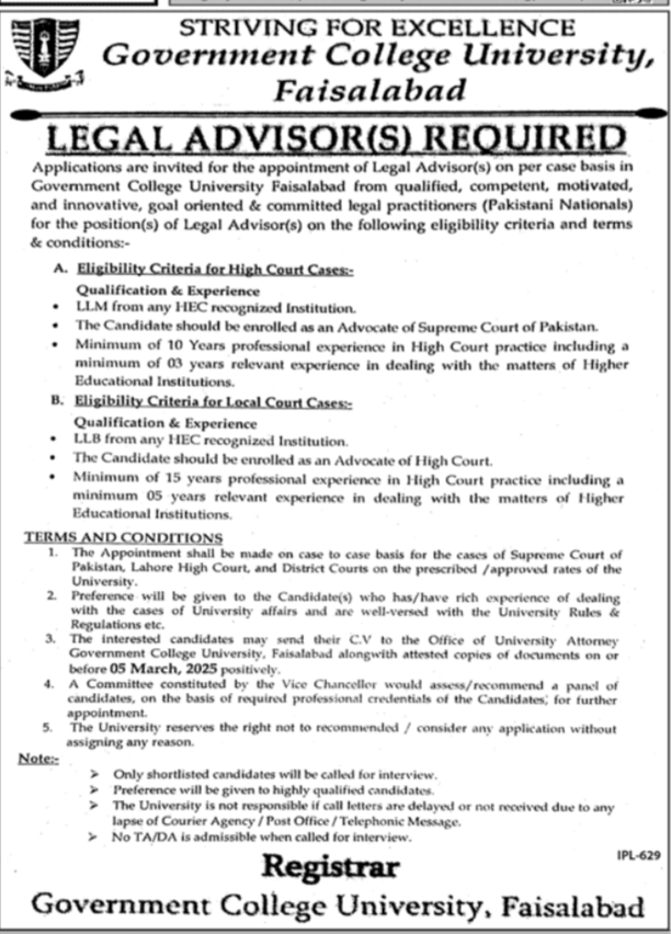 Government College University GCUF Jobs 2025 – Government College University Lahore Jobs 2025 — original advertisement