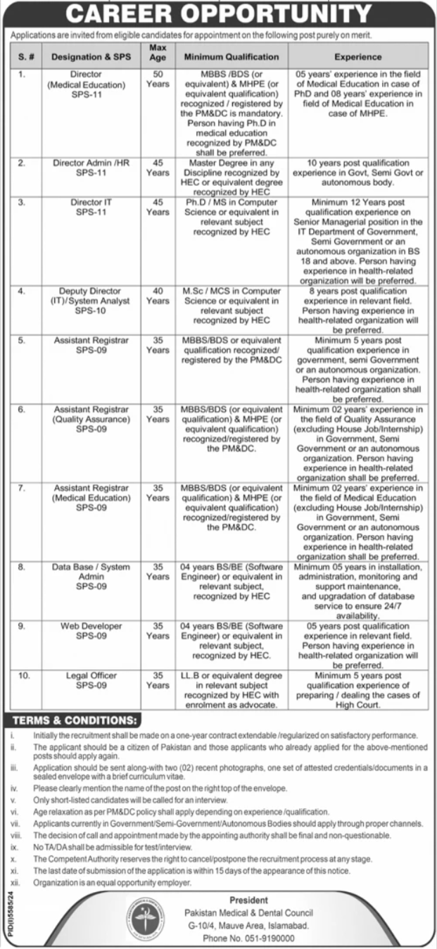 Pakistan Medical & Dental Council PMDC Islamabad Jobs 2025 Jobs 2025 — original advertisement