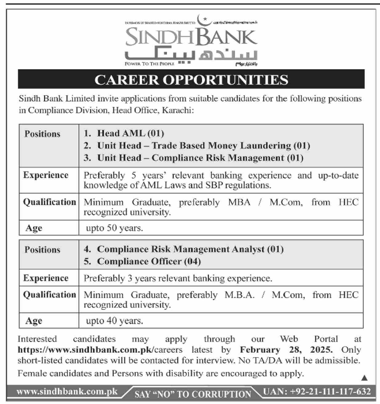 Sindh Bank Limited karachi Jobs 2025 Jobs 2025 — original advertisement