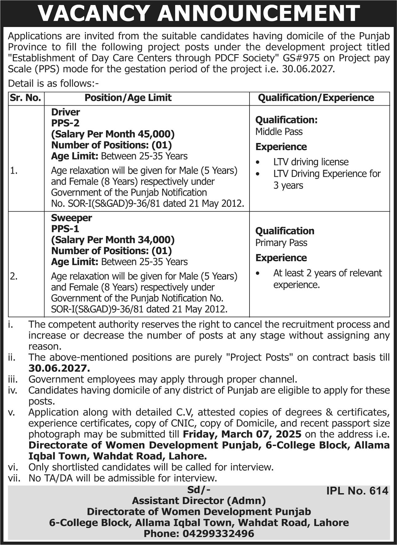 Women Development Department Lahore Jobs 2025 – Women Development Department Punjab Jobs 2025 — original advertisement