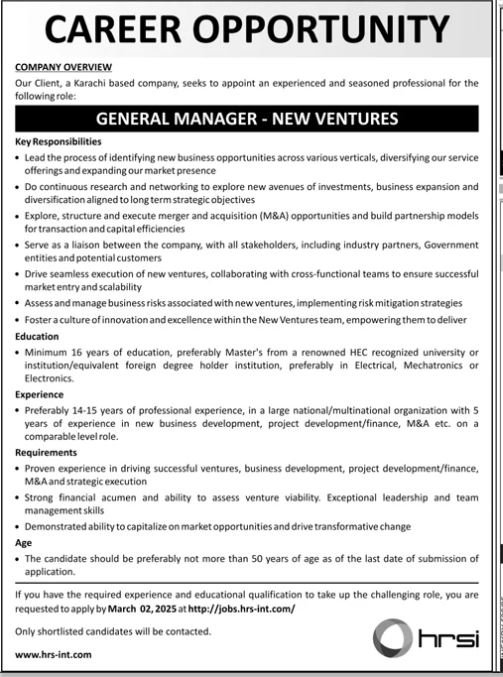 Human Resource Solution International HRSI jOBS 2025 – HRSG People and Business karachi Jobs 2025 — original advertisement